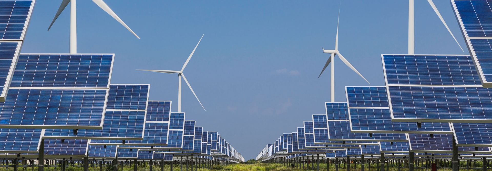 Solar panels and wind turbines generating clean energy in a field